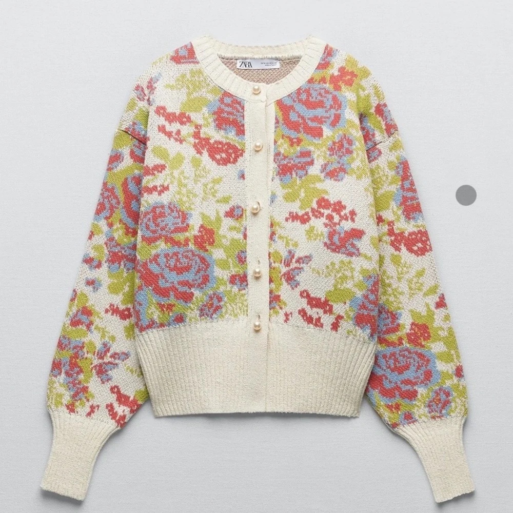 🩵 Zara PEARL BUTTON FLORAL KNIT JACQUARD Cardigan Multi Color Long Sleeve - Picture 8 of 8